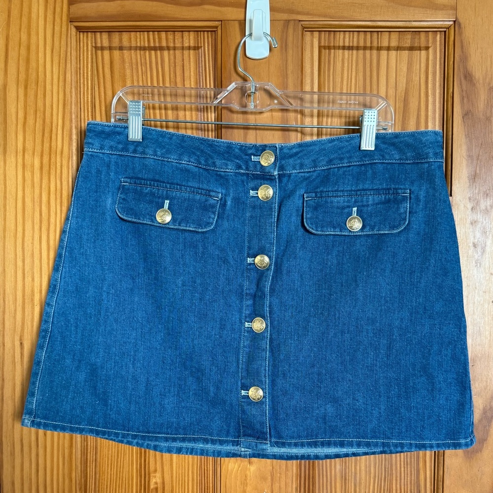 J. Crew Blue Denim Mini Skirt with Gold Buttons